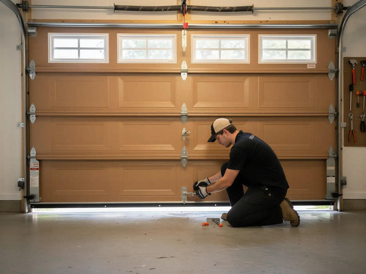 A technician kneels on the garage floor, working on a brown garage door.