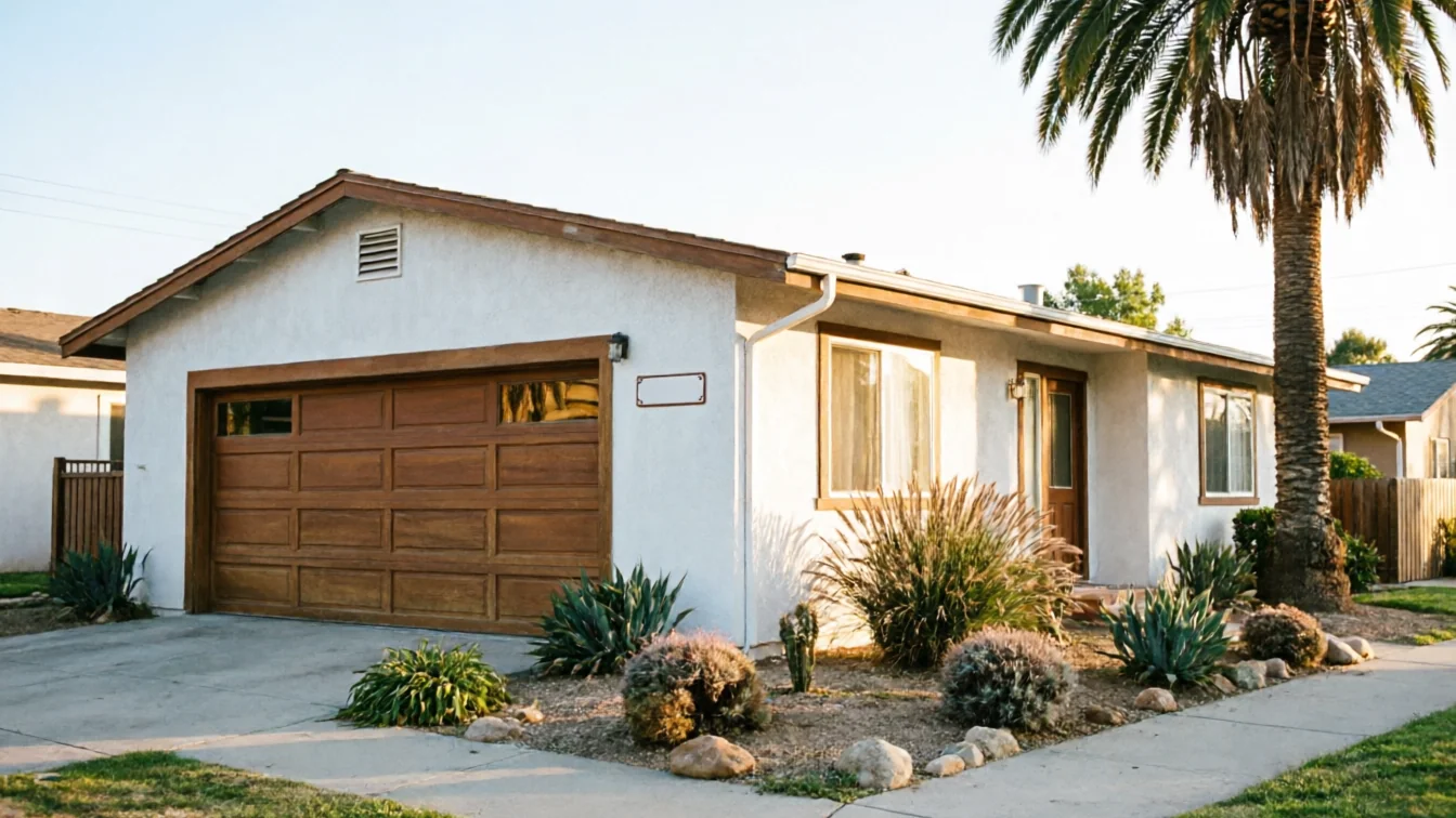 A white house with a brown garage door and a palm tree in the front yard.