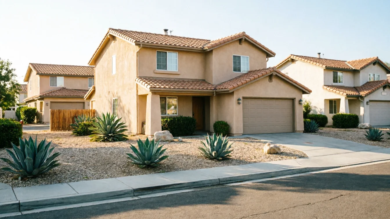 A tan house with a brown garage door and a tiled roof is visible from the street.