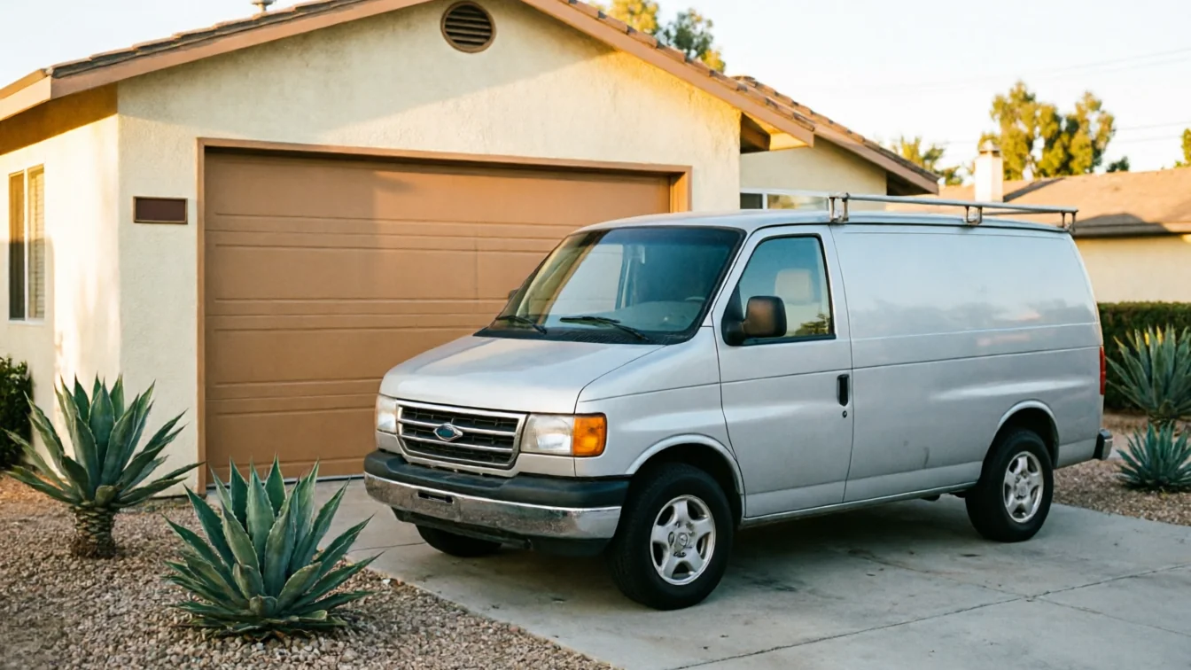 A silver van is parked in a driveway in front of a brown garage door.
