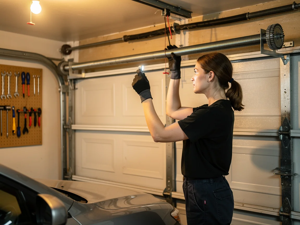 A technician wearing gloves inspects a garage door torsion spring with a flashlight.