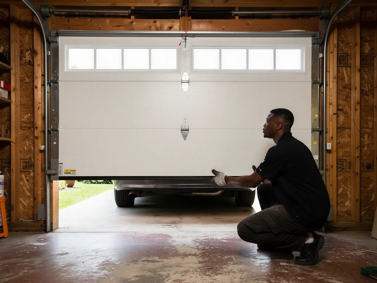 A technician crouches, adjusting a white garage door with windows.
