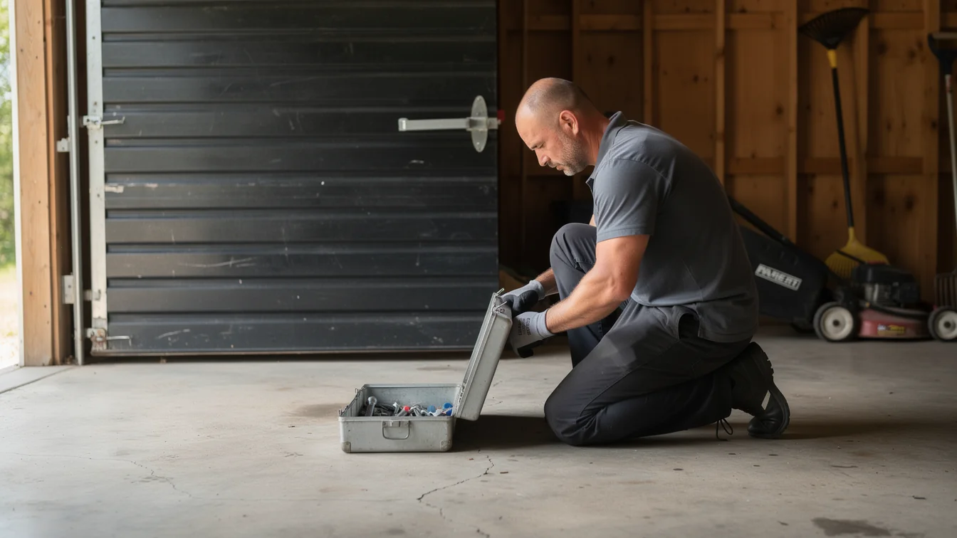 A technician kneels on a concrete floor, opening a toolbox in front of a black garage door.
