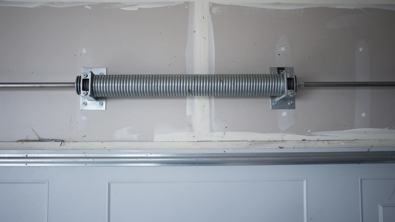 A torsion spring is mounted above a white garage door on a drywall wall.
