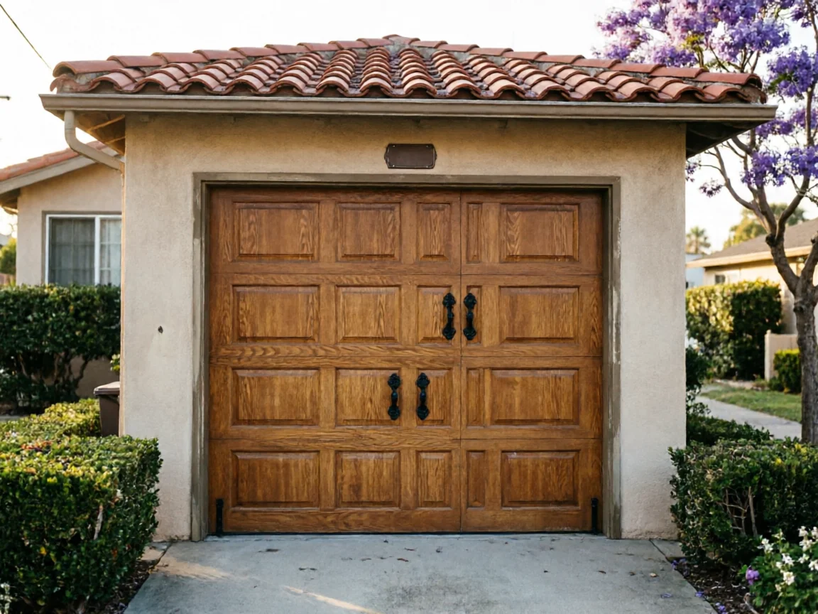 The garage door is a brown wood-paneled door with black decorative handles.